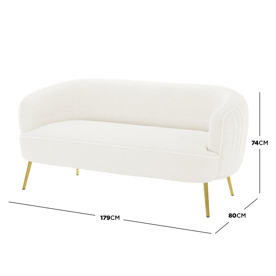 Evelyn 2 Seater Curved Boucle Sofa in Cream White, featuring a plush bouclé fabric, slim brass-tone metal legs, and elegant curves, measures 179 cm wide, 80 cm deep, 74 cm high.