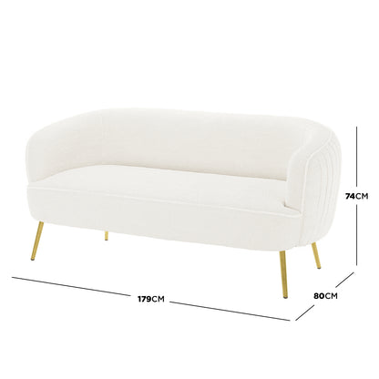Evelyn 2 Seater Curved Boucle Sofa in Cream White, featuring a plush bouclé fabric, slim brass-tone metal legs, and elegant curves, measures 179 cm wide, 80 cm deep, 74 cm high.