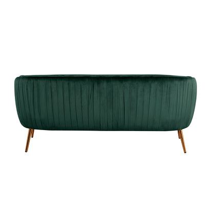 Close-up of the Evelyn 2 Seater Velvet Sofa showcasing its plush velvet upholstery, elegant curves, and sturdy gold legs, embodying a chic mid-century modern design.