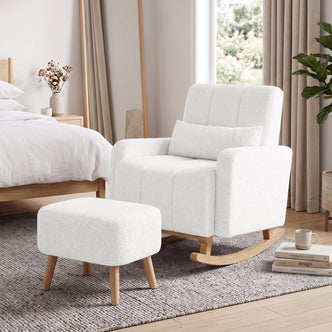 Gamila Boucle Rocking Chair with Ottoman in Cream White, featuring soft boucle fabric, wooden rockers, and a matching ottoman