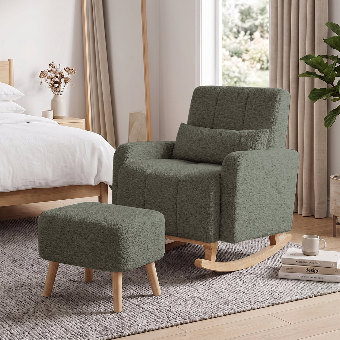 Gamila Boucle Rocking Chair with Ottoman in green, featuring textured upholstery, curved wooden rockers, and matching