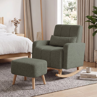 Gamila Boucle Rocking Chair with Ottoman in green, featuring textured upholstery, curved wooden rockers, and matching