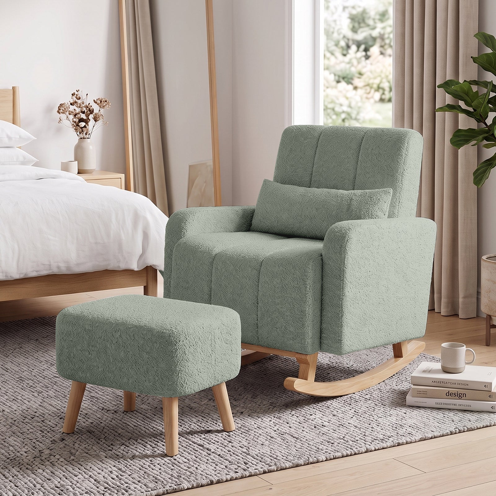 Gamila Boucle Rocking Chair with Ottoman in Mint Green, featuring channel-tufted back, curved wooden rockers, matching