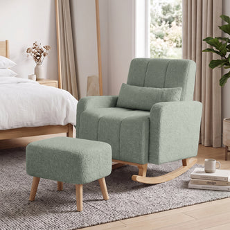 Gamila Boucle Rocking Chair with Ottoman in Mint Green, featuring channel-tufted back, curved wooden rockers, matching