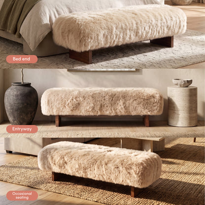 Helene Faux Fur Fabric Bench With Hardwood Legs in Beige