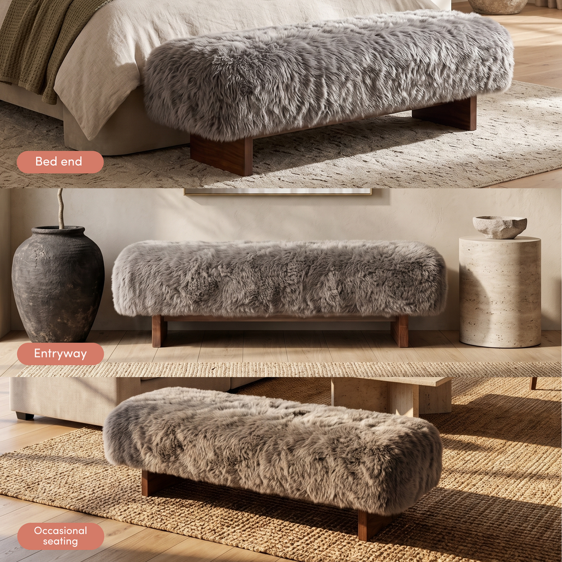 Helene Faux Fur Fabric Bench With Hardwood Legs in Taupe