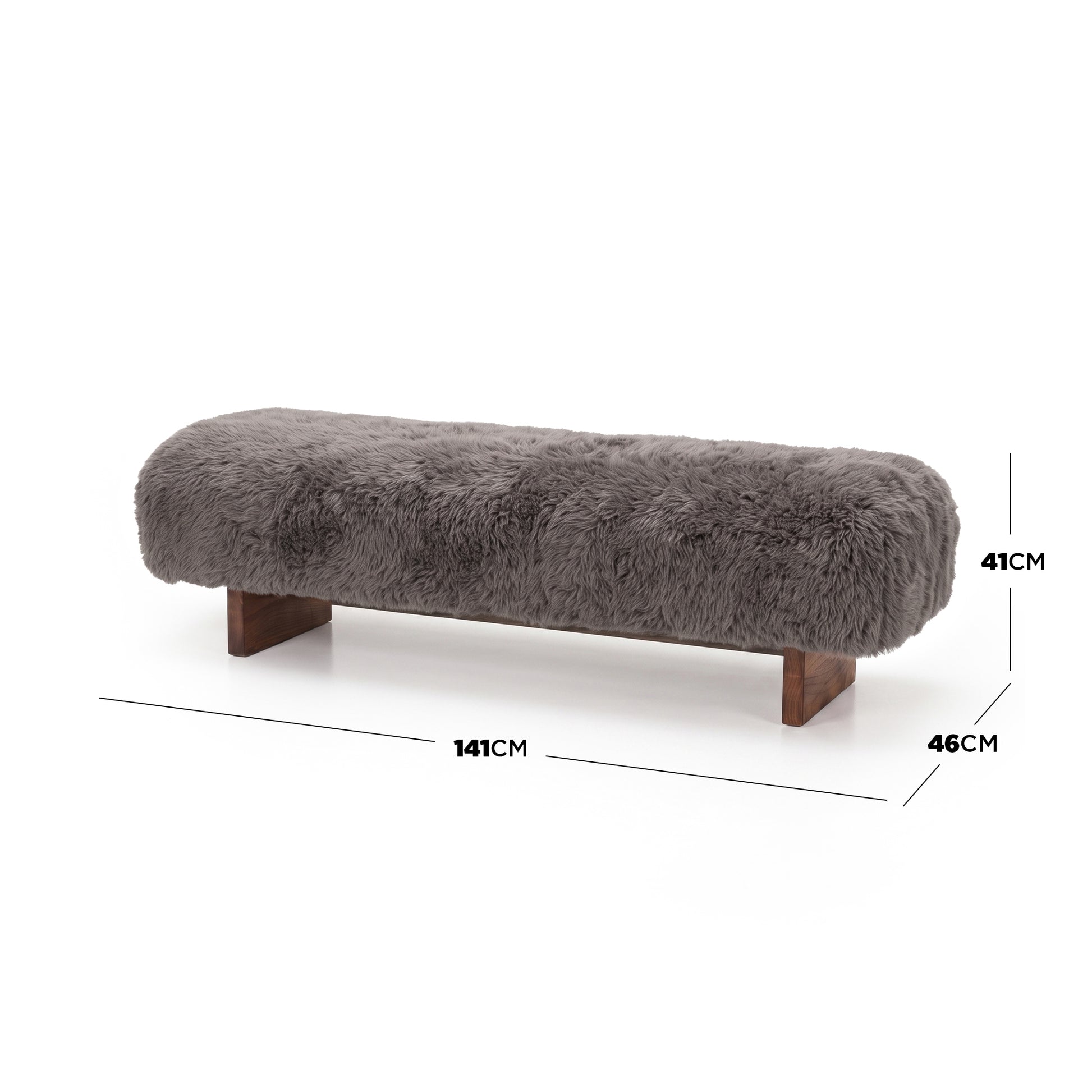 A product dimension diagram of the modern taupe faux-fur or sheepskin upholstered bench, showing a length of 141 cm, a depth/width of 46 cm, and a height of 41 cm, set against a clean white background. - Dimensions