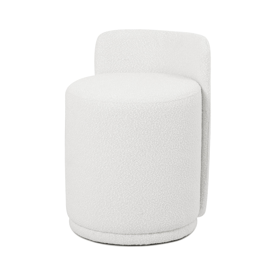Bouclé Ottoman Stool in Eggshell White, features a curved form with soft bouclé fabric and plush cushioning, ideal for versatile use as a stool, footrest, or accent piece.