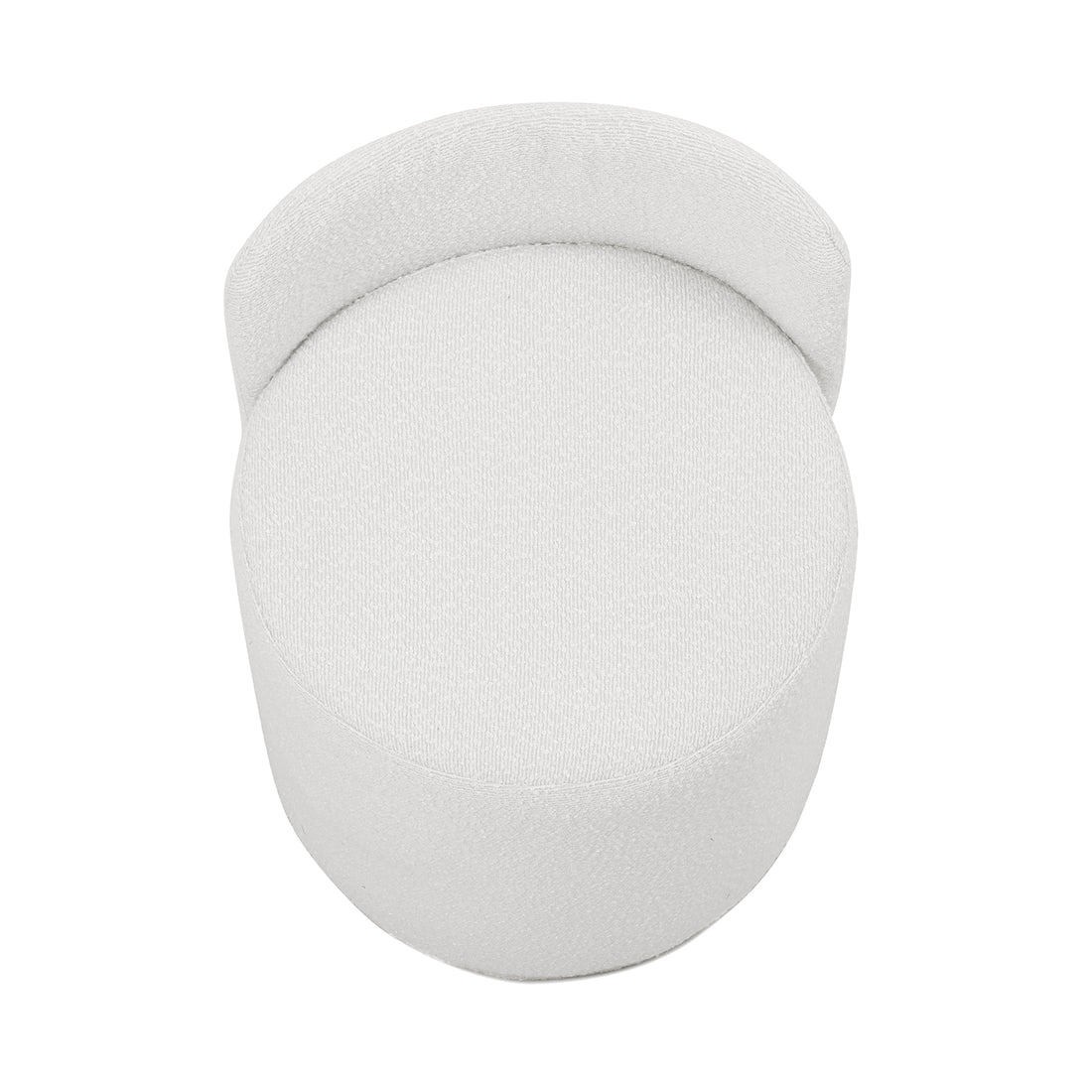 Close-up of the Hiboa Bouclé Ottoman Stool in Eggshell White, showcasing its plush bouclé fabric and curved design, ideal for versatile use as a footrest or extra seating.