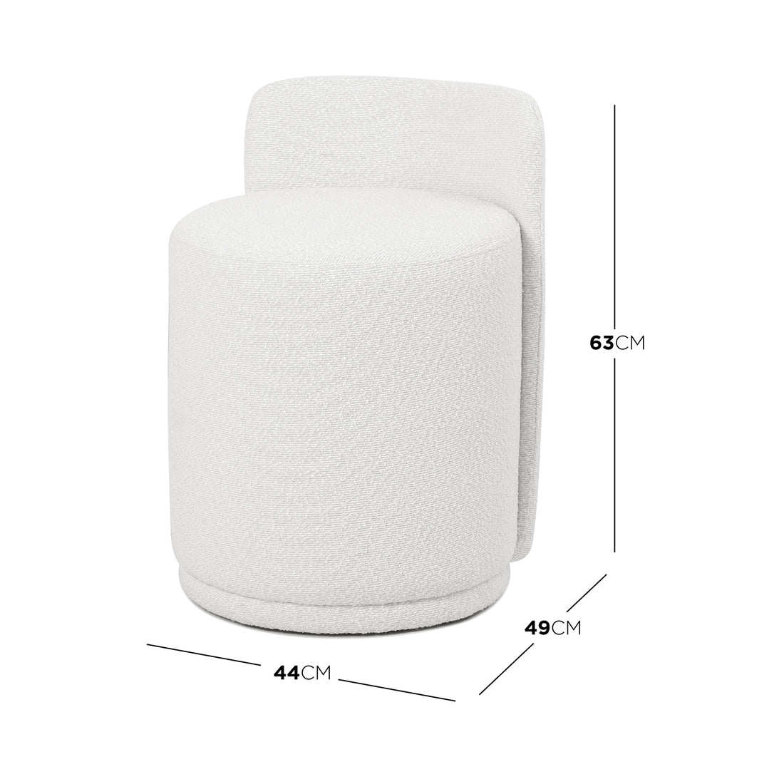 Close-up of the Hiboa Bouclé Ottoman Stool in Eggshell White, showcasing its soft bouclé fabric and plush cushioning, ideal for versatile use in modern or minimalist spaces.