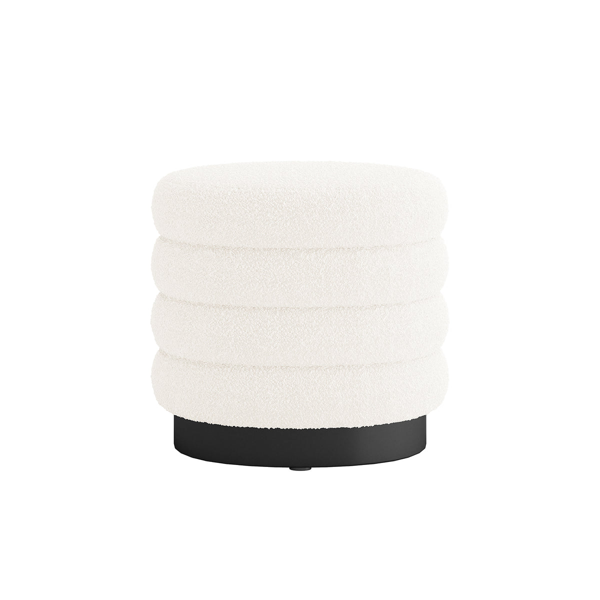 Irina Boucle Ottoman Stool Cream White, round with a ribbed design, featuring a black metal base, ideal for stylish living room seating and decor.