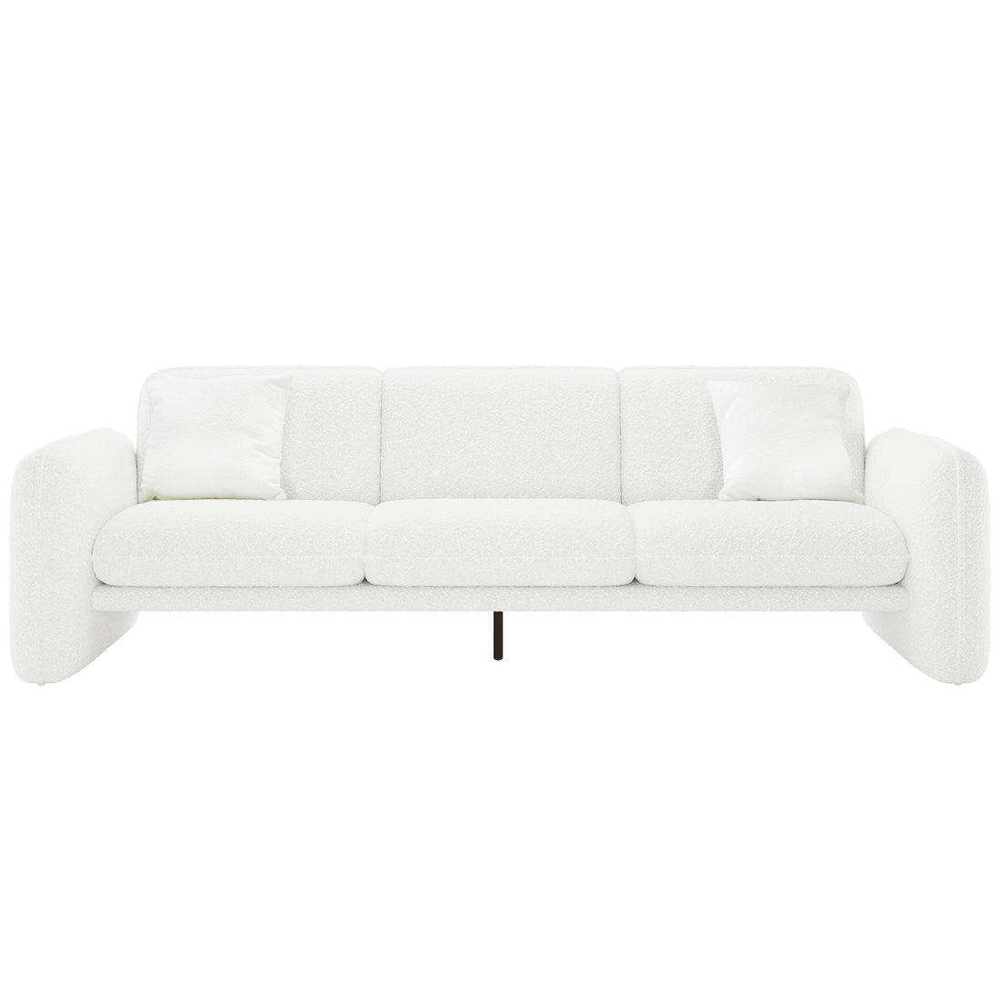 Ivano 4 seater boucle upholstered sofa in cream white with curved armrests, three seat cushions, and black metal leg