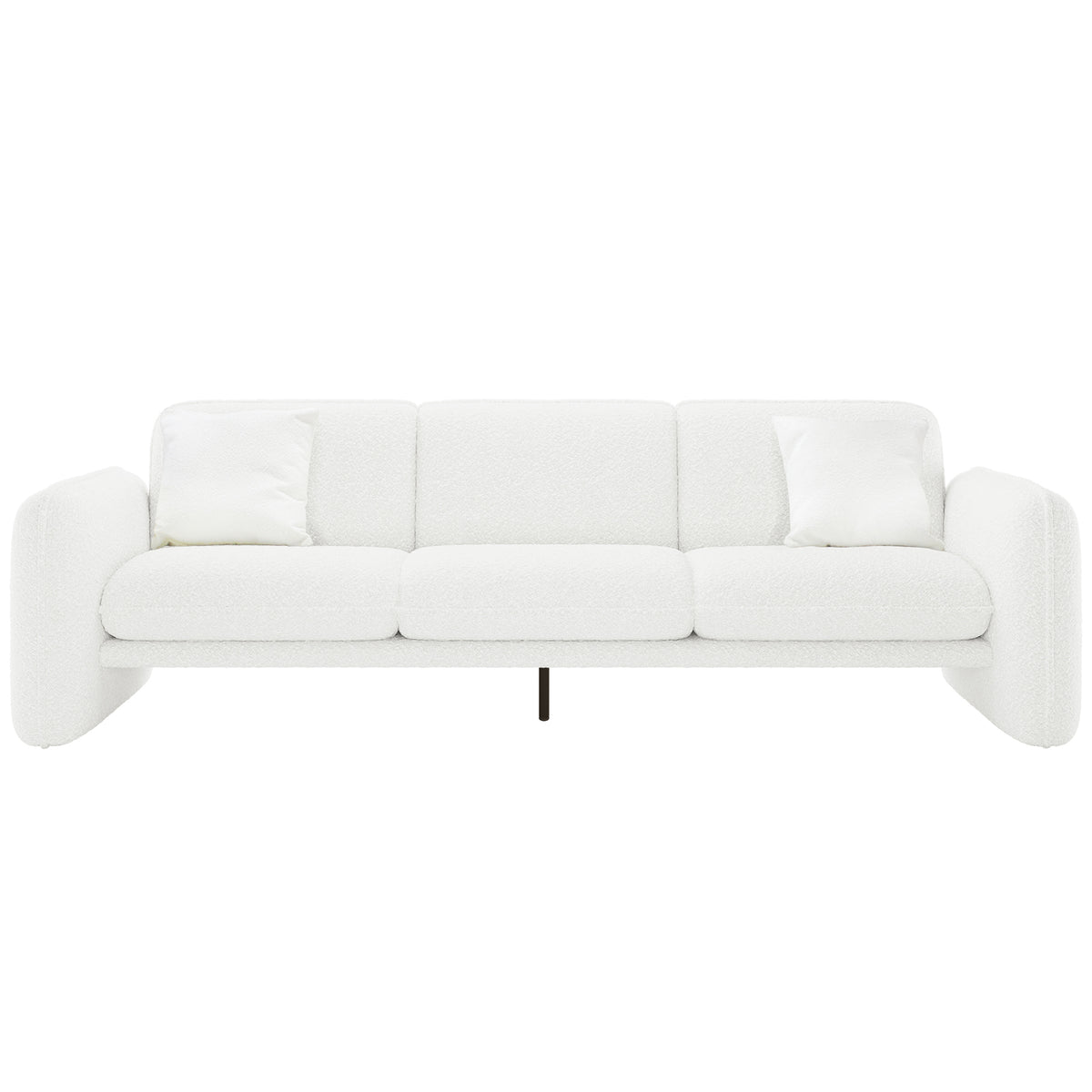 Ivano 4 seater boucle upholstered sofa in cream white with curved armrests, three seat cushions, and black metal leg