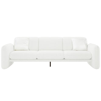 Ivano 4 seater boucle upholstered sofa in cream white with curved armrests, three seat cushions, and black metal leg