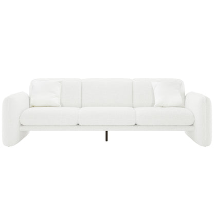 Ivano 4 seater boucle upholstered sofa in cream white with curved armrests, three seat cushions, and black metal leg