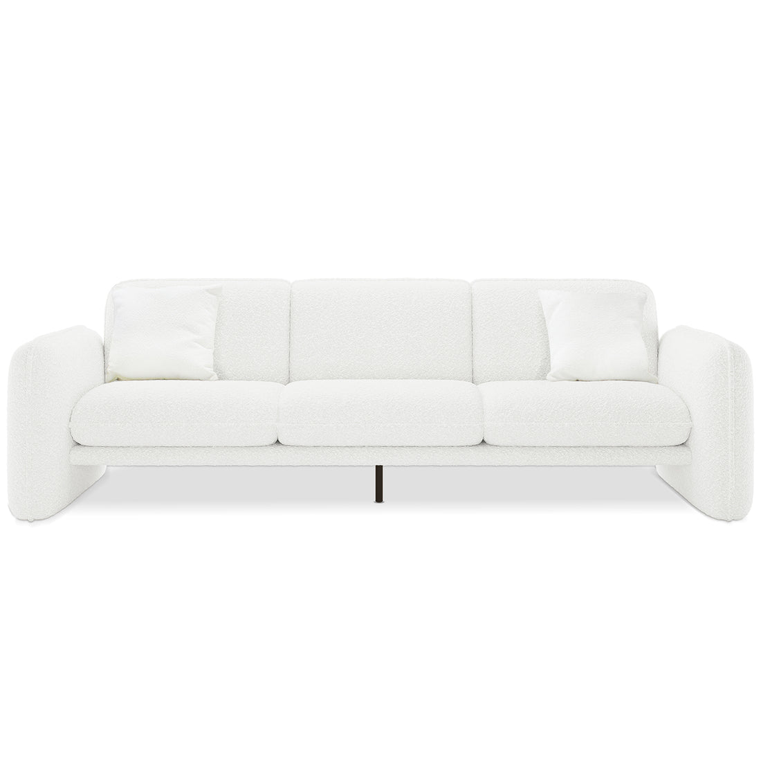 Ivano 4 seater boucle upholstered sofa in cream white with curved armrests, three seat cushions, and black metal centre leg