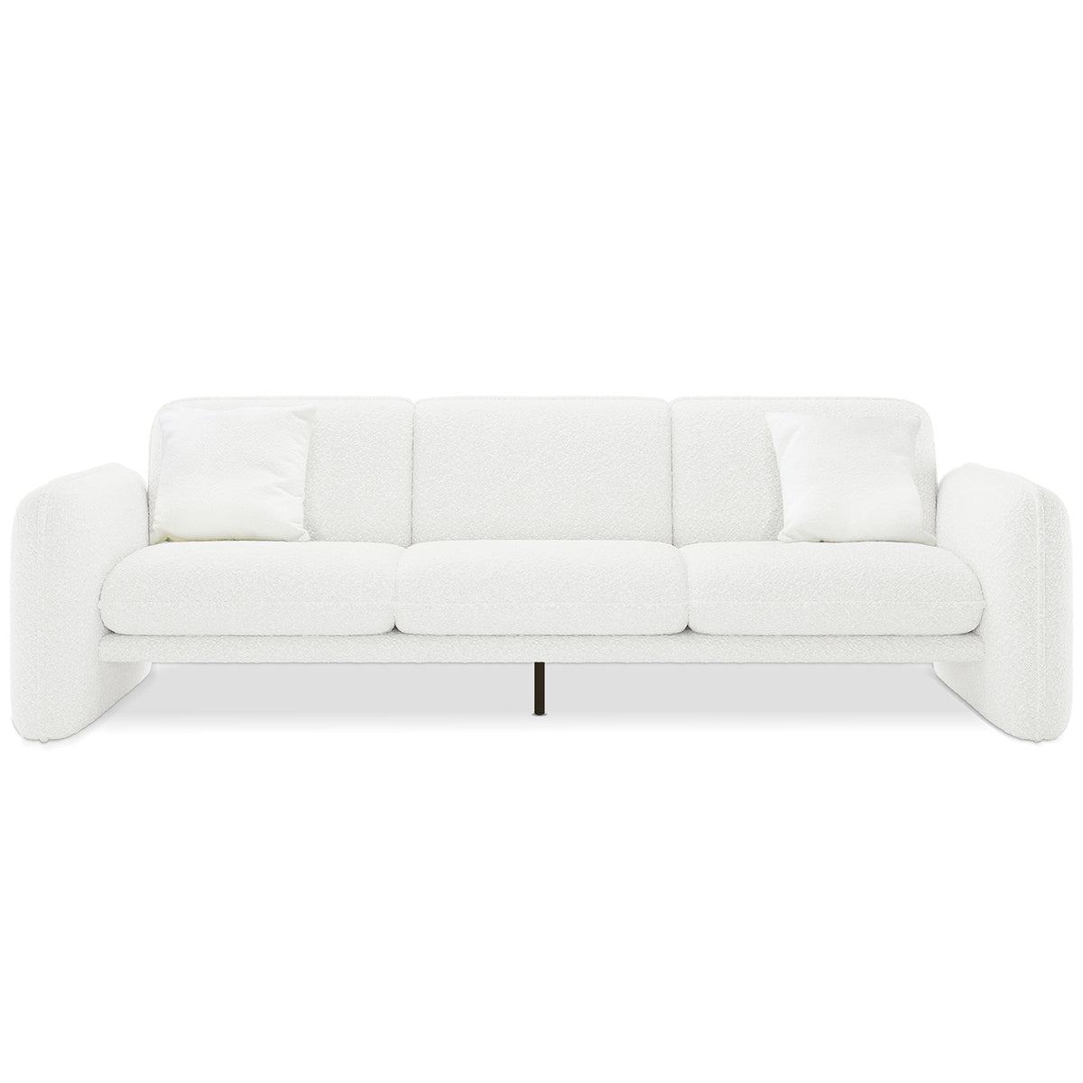 Ivano 4 seater boucle upholstered sofa in cream white with curved armrests, three seat cushions, and black metal centre leg