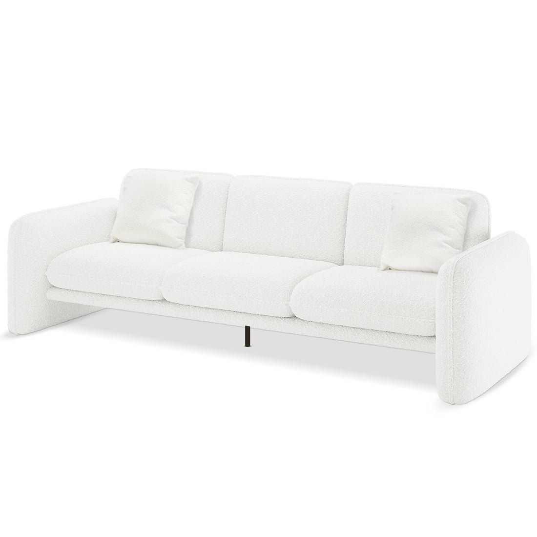 Ivano 4 seater boucle upholstered sofa in cream white with curved armrests, two seat cushions, two back cushions and black