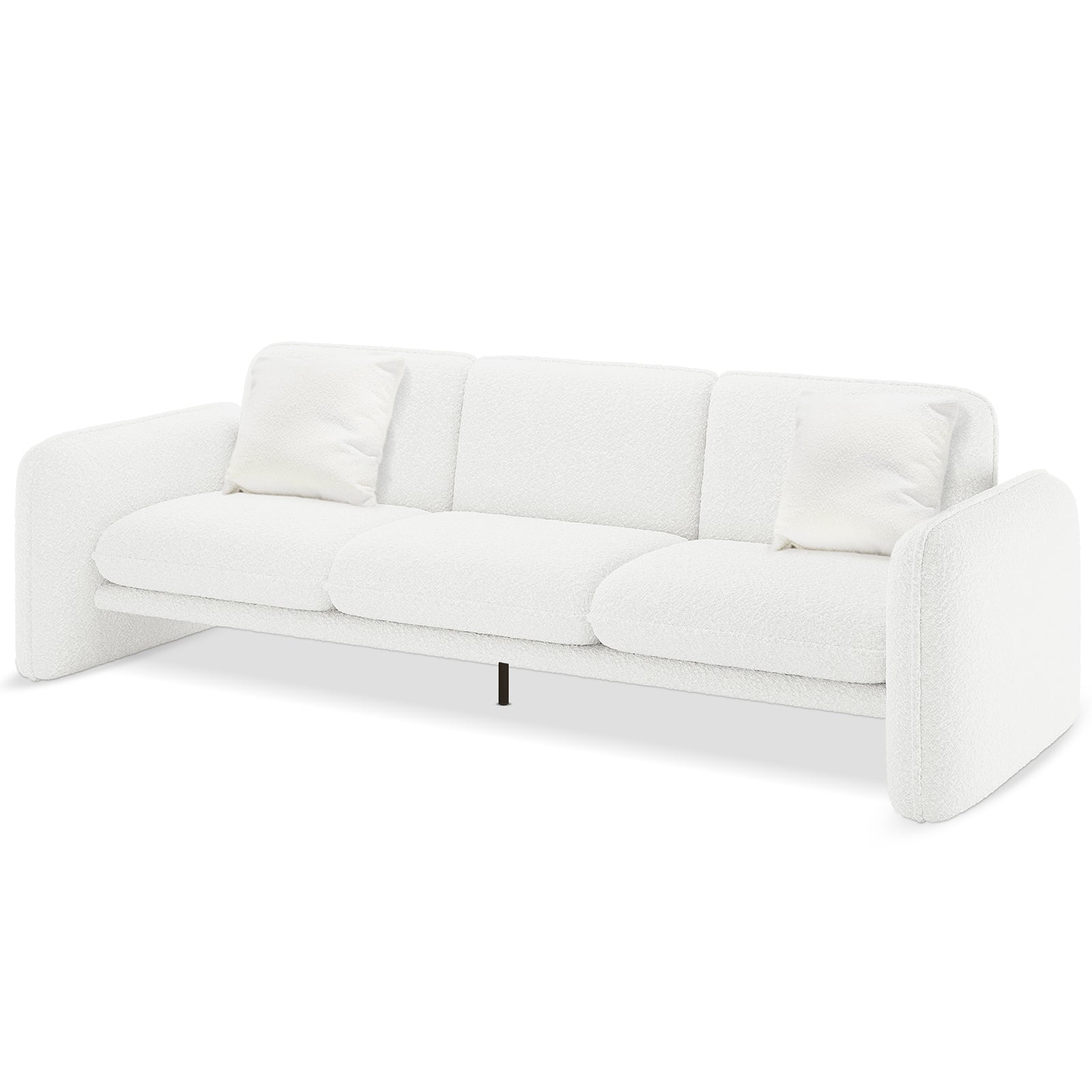 Ivano 4 seater boucle upholstered sofa in cream white with curved armrests, two seat cushions, two back cushions and black