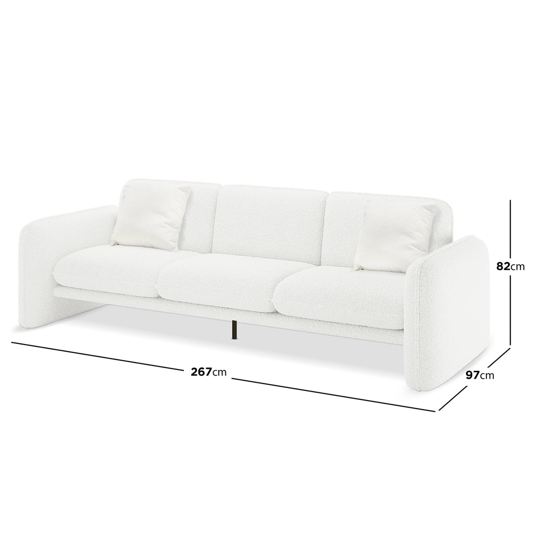 Ivano 4 seater boucle upholstered sofa in cream white with dimensions 267cm x 97cm x 82cm