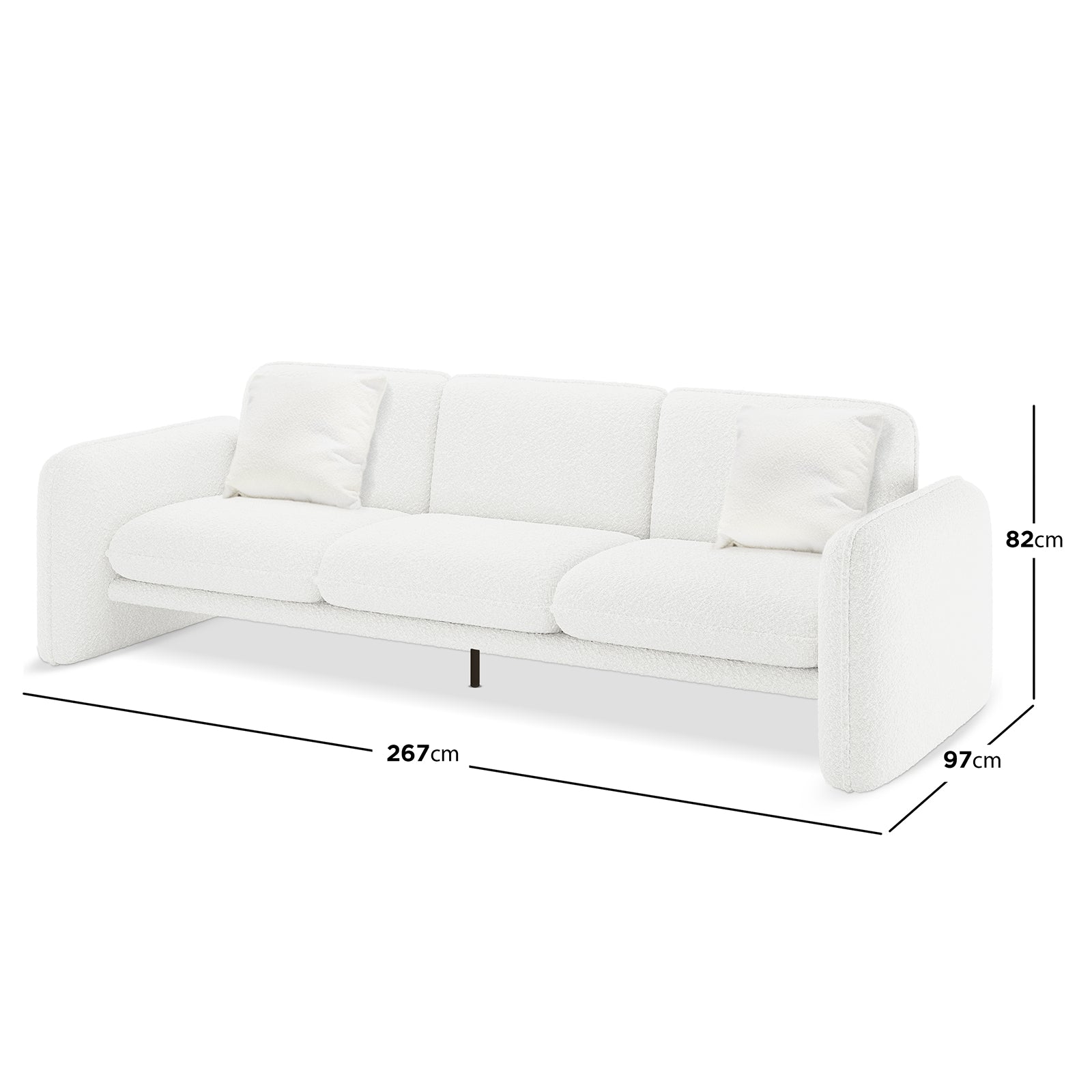 Ivano 4 seater boucle upholstered sofa in cream white with dimensions 267cm x 97cm x 82cm