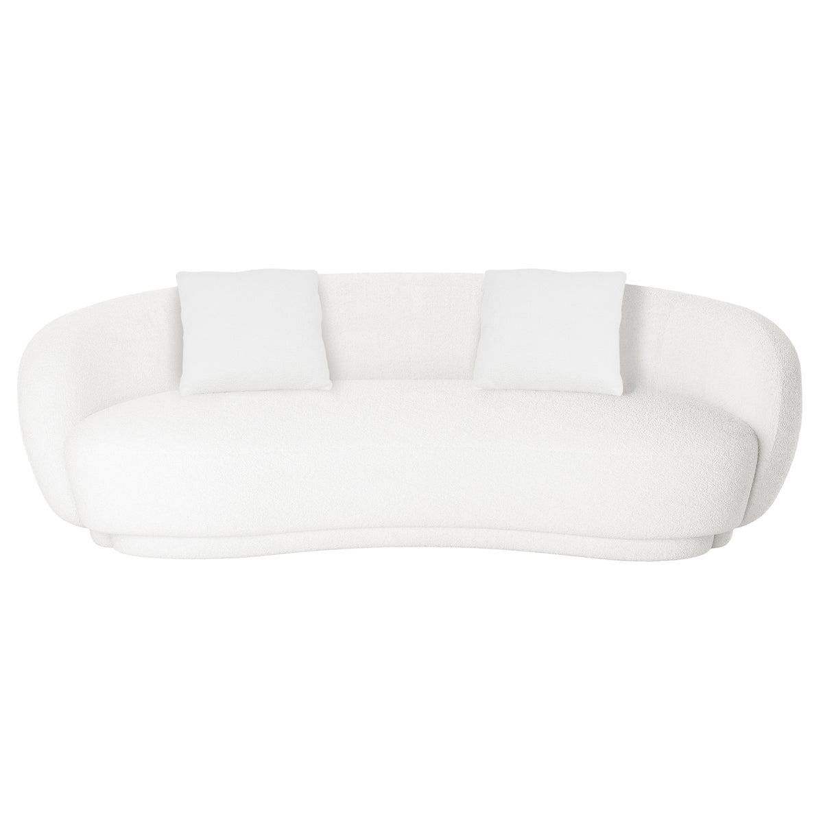 Janelle 191cm Boucle 3-Seater Curved Sofa featuring a plush cream-white bouclé upholstery, elegant curved design with armrests, and matching pillows, ideal for modern minimalist interiors.