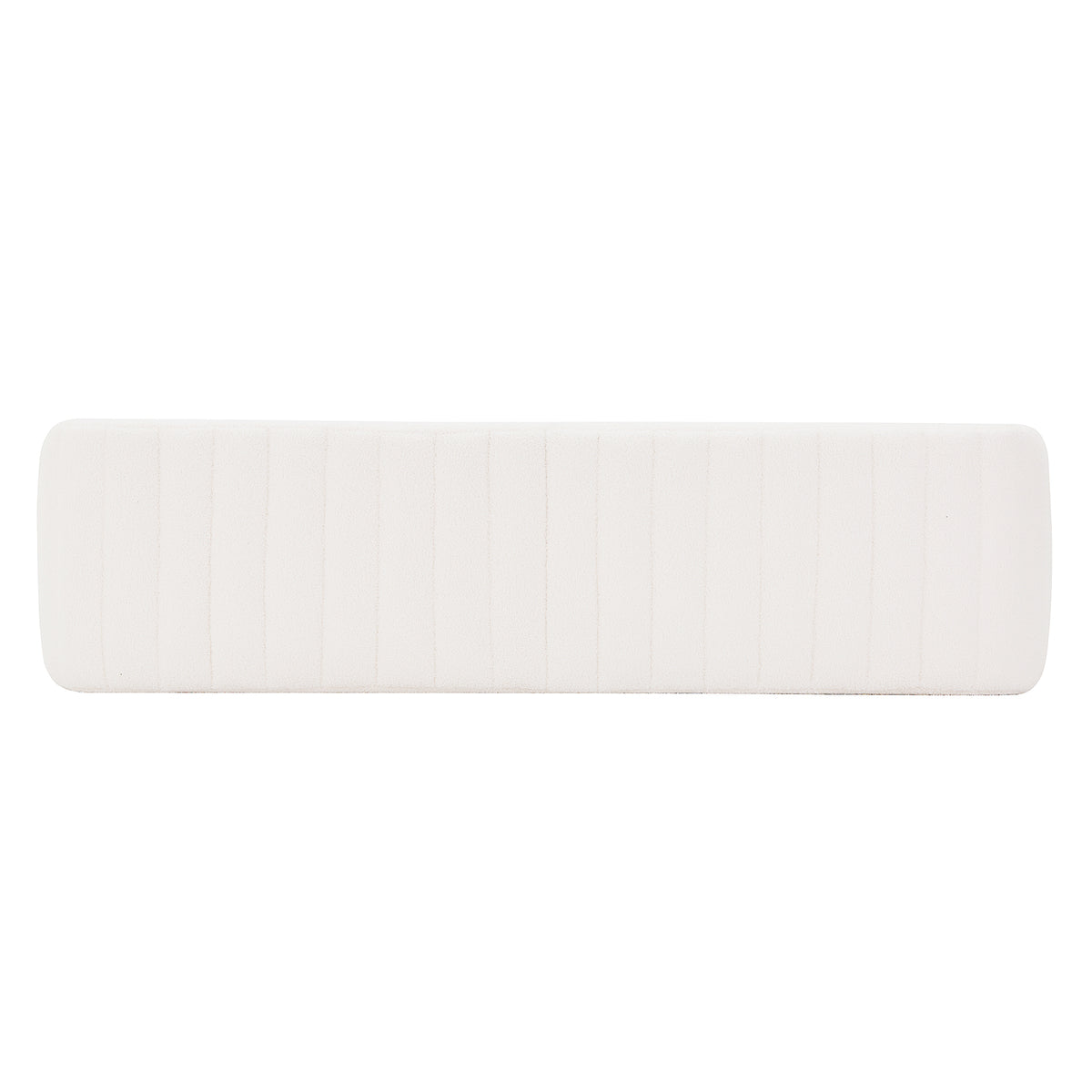 Josie Curved Boucle Fabric Bench Seat in Cream White, showcasing a long, rectangular bolster pillow with textured white fabric on a plain backdrop, highlighting its stylish and modern aesthetic.