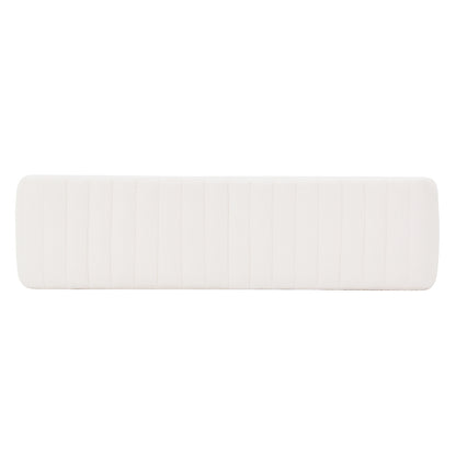 Josie Curved Boucle Fabric Bench Seat in Cream White, showcasing a long, rectangular bolster pillow with textured white fabric on a plain backdrop, highlighting its stylish and modern aesthetic.