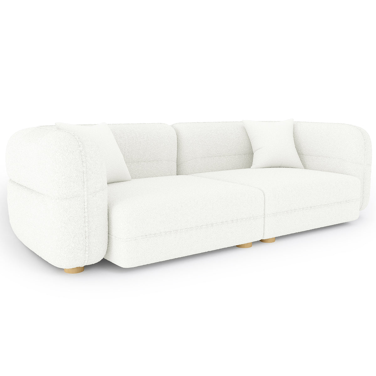 Kaelyn 3 Seater Modular Boucle Sofa with Pillows in Cream, featuring a low-profile design, white bouclé upholstery, gently rounded armrests, short wooden legs, and two matching throw pillows.
