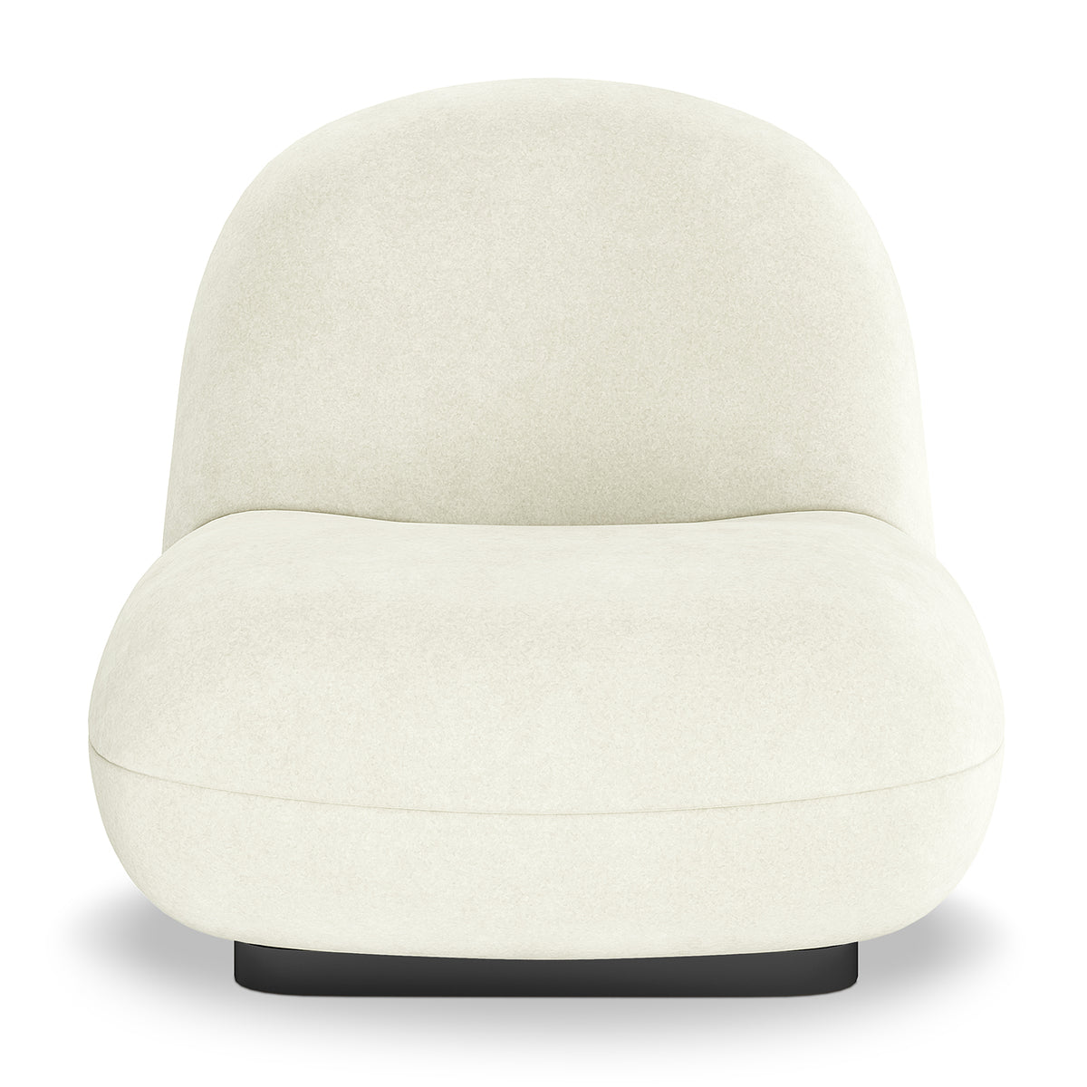 Cream swivel accent chair with curved back, plush rounded seat and black base