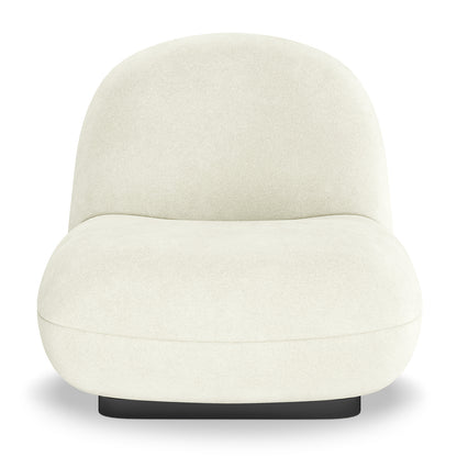 Cream swivel accent chair with curved back, plush rounded seat and black base