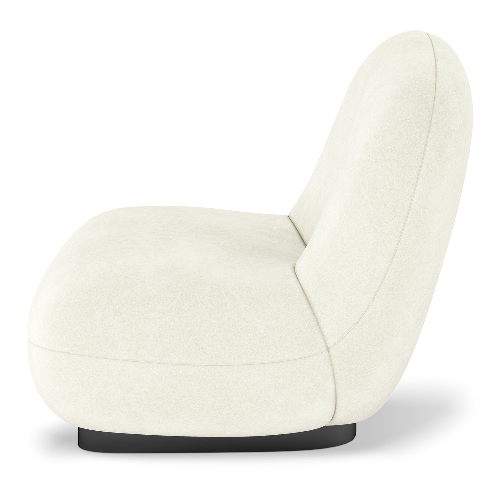 Cream swivel accent chair with curved backrest, rounded seat and black base, side view