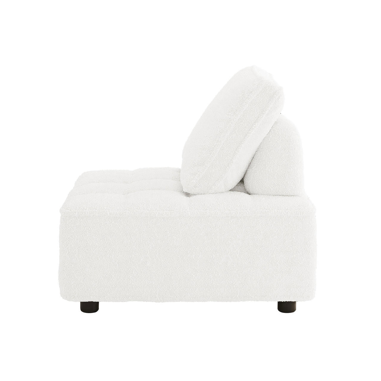 Kazumi Boucle Modular Single Sofa Chair in Cream White, featuring armless design, tufted seat, reclined back cushion, boucle fabric, and short black cylindrical legs for modern living spaces.