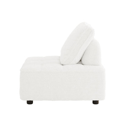 Kazumi Boucle Modular Single Sofa Chair in Cream White, featuring armless design, tufted seat, reclined back cushion, boucle fabric, and short black cylindrical legs for modern living spaces.