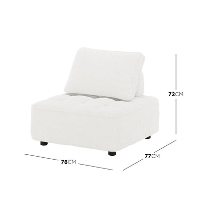 Kazumi Boucle Modular Single Sofa Chair in Cream White, featuring armless design, soft boucle fabric, tufted seat cushion, reclined back, and black cylindrical feet, ideal for modern living spaces.