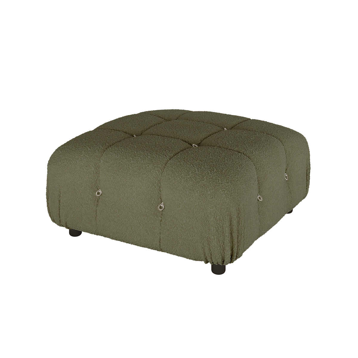 Keila 3 Seater Modular Tufted Boucle Sofa Set in Green, featuring a low, square ottoman with olive-green boucle fabric, tufted with metal rings, on four short black feet.