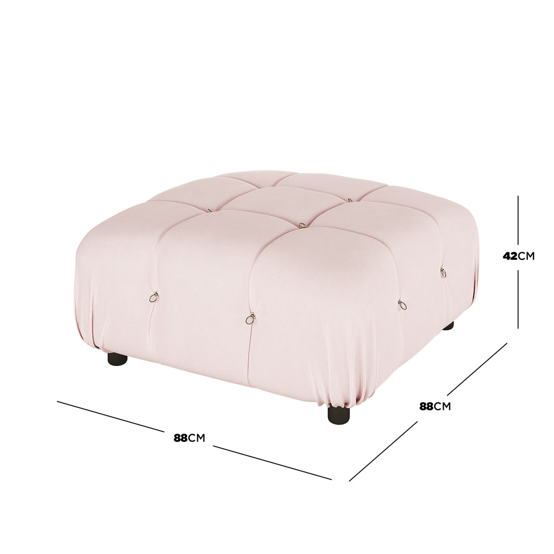 Keila Modular Tufted Velvet Ottoman in Cream Velvet features a square design with 3x3 tufting and metal-ring buttons, supported by four black feet, offering a luxurious, versatile addition to any space.