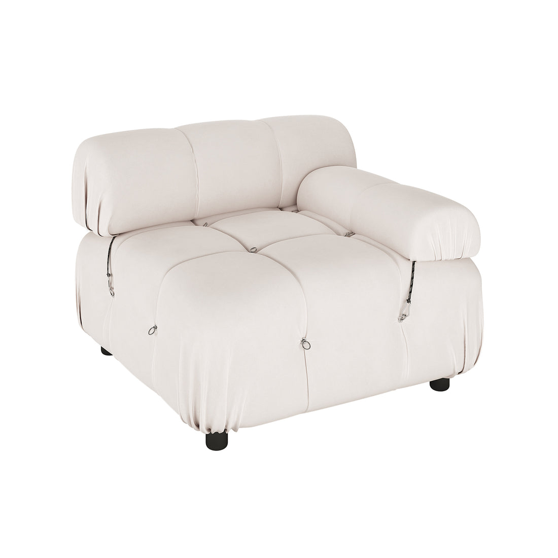 Keila 2 Seater Modular Tufted Sofa Set in Cream Velvet features a soft, tufted seat, rolled backrest cushion, black legs, and decorative seam details, offering comfort and elegance.