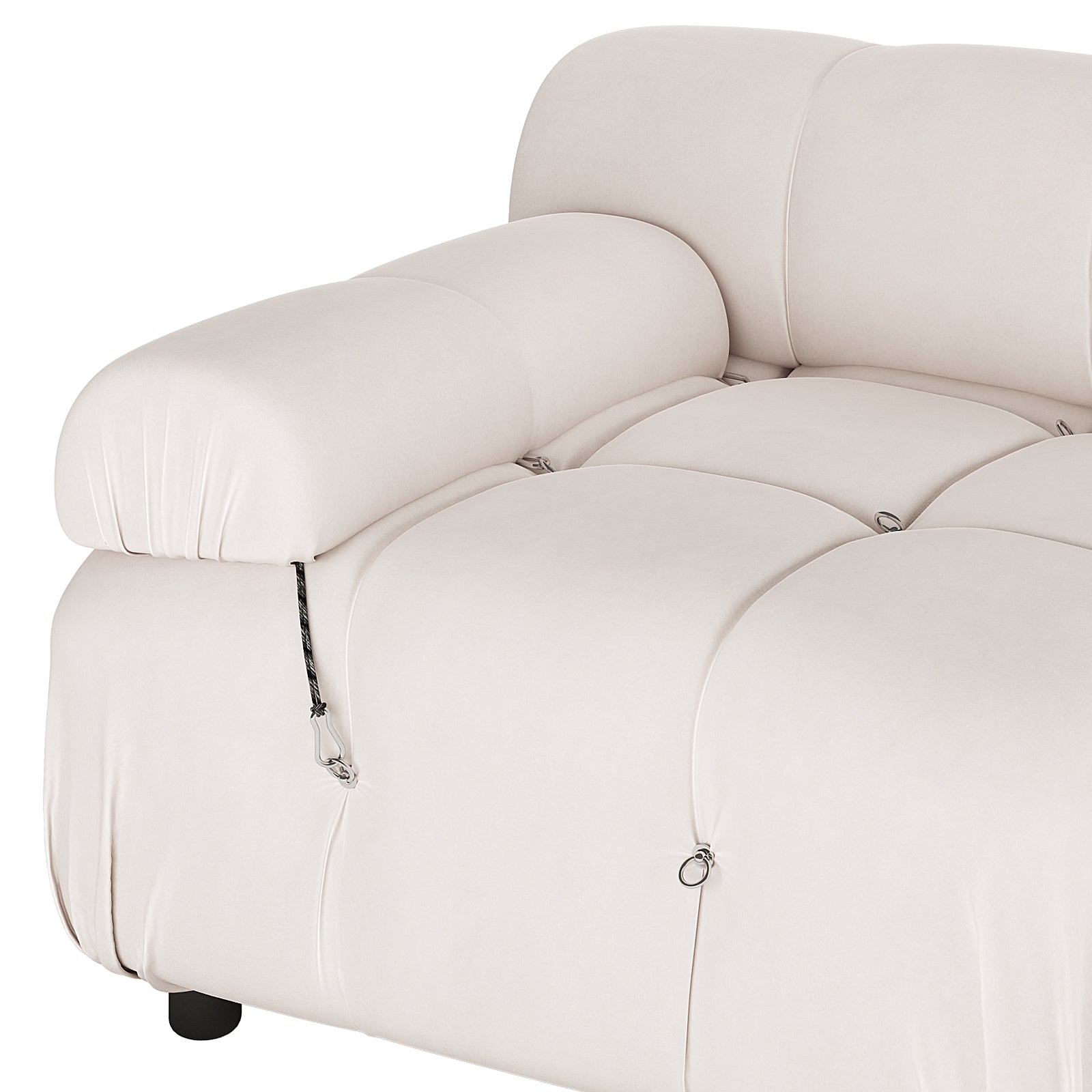Keila 2 Seater Modular Tufted Sofa Set in Cream Velvet featuring plush tufted cushions, padded armrest/backrest, and decorative metal rings. Ideal for cozy living spaces, blending comfort and style.
