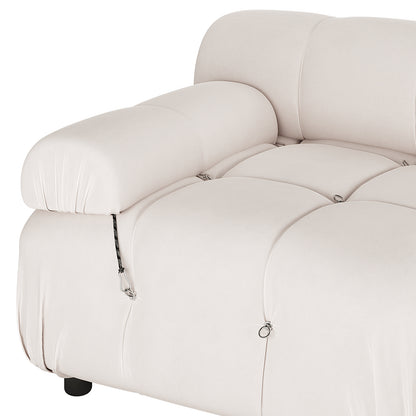 Keila 2 Seater Modular Tufted Sofa Set in Cream Velvet featuring plush tufted cushions, padded armrest/backrest, and decorative metal rings. Ideal for cozy living spaces, blending comfort and style.