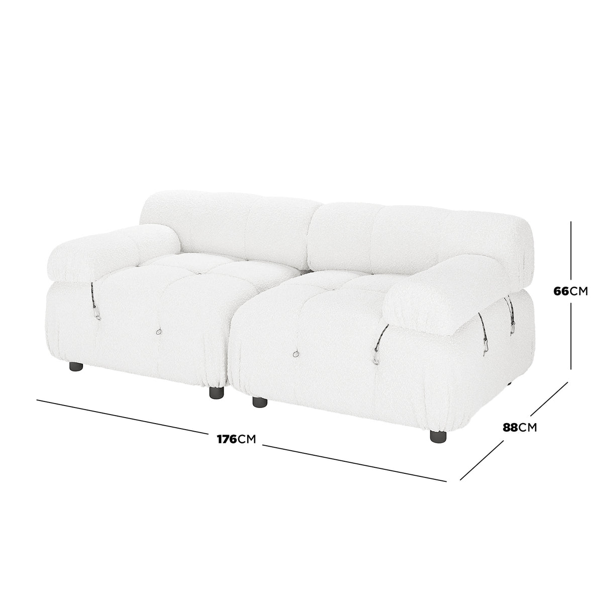 Keila 2 Seater Modular Tufted Boucle Sofa Set features a low-profile design with deep, tufted cushions and rounded armrests, measuring 176cm wide, 88cm deep, and 66cm tall.