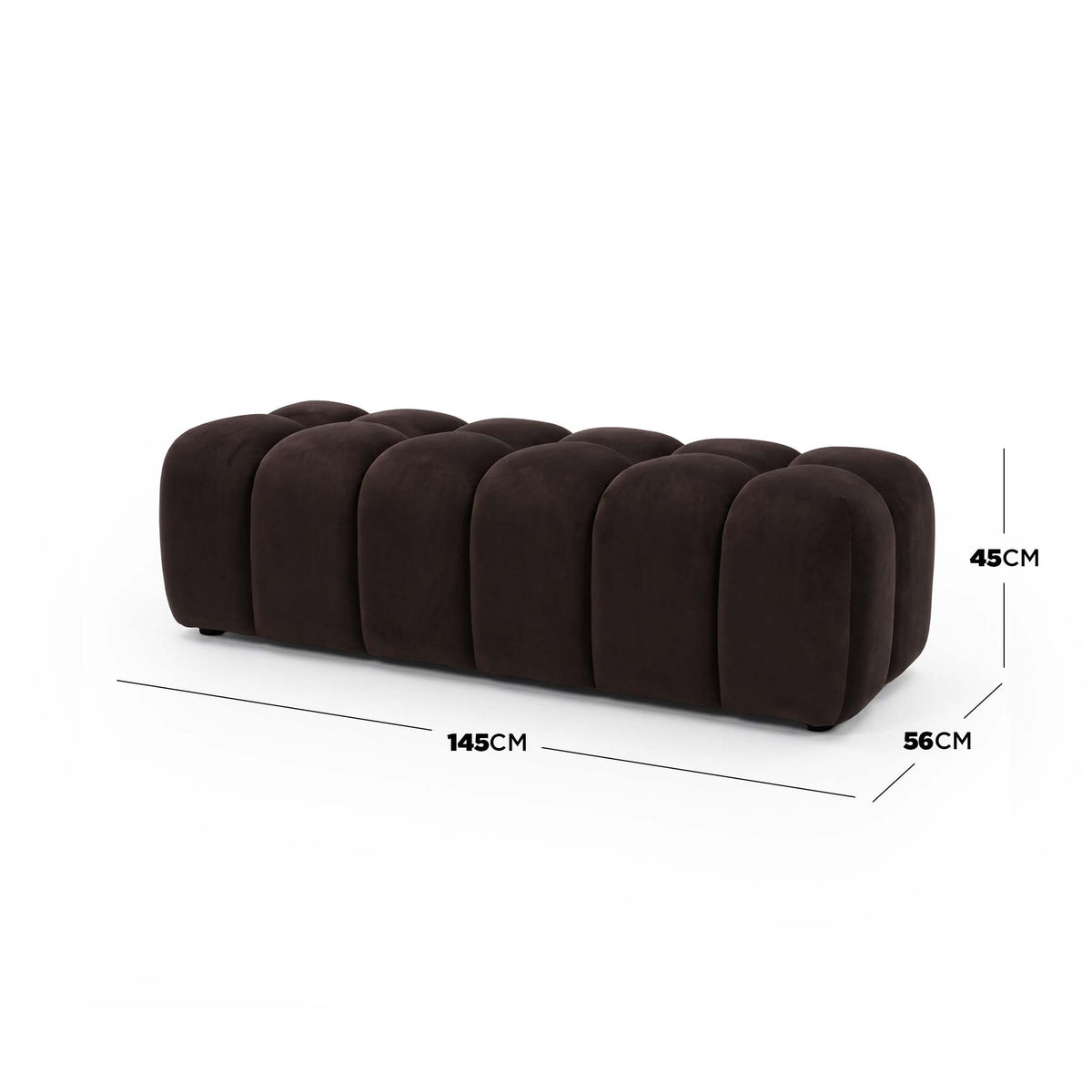Chocolate brown upholstered bench on a white background with dimensions labeled.