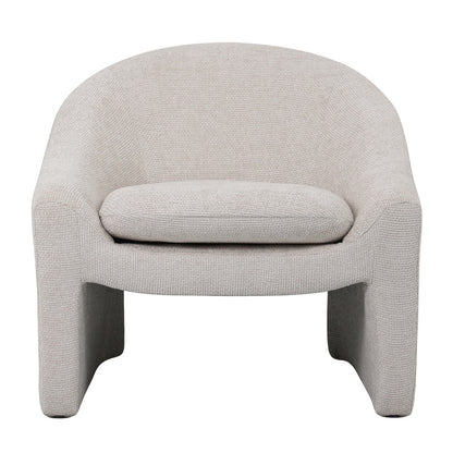 Close-up of Kotrina Linen Chenille Accent Armchair Beige, highlighting its curved design, textured chenille upholstery, and plush cushion, emphasizing its modern elegance and inviting comfort.