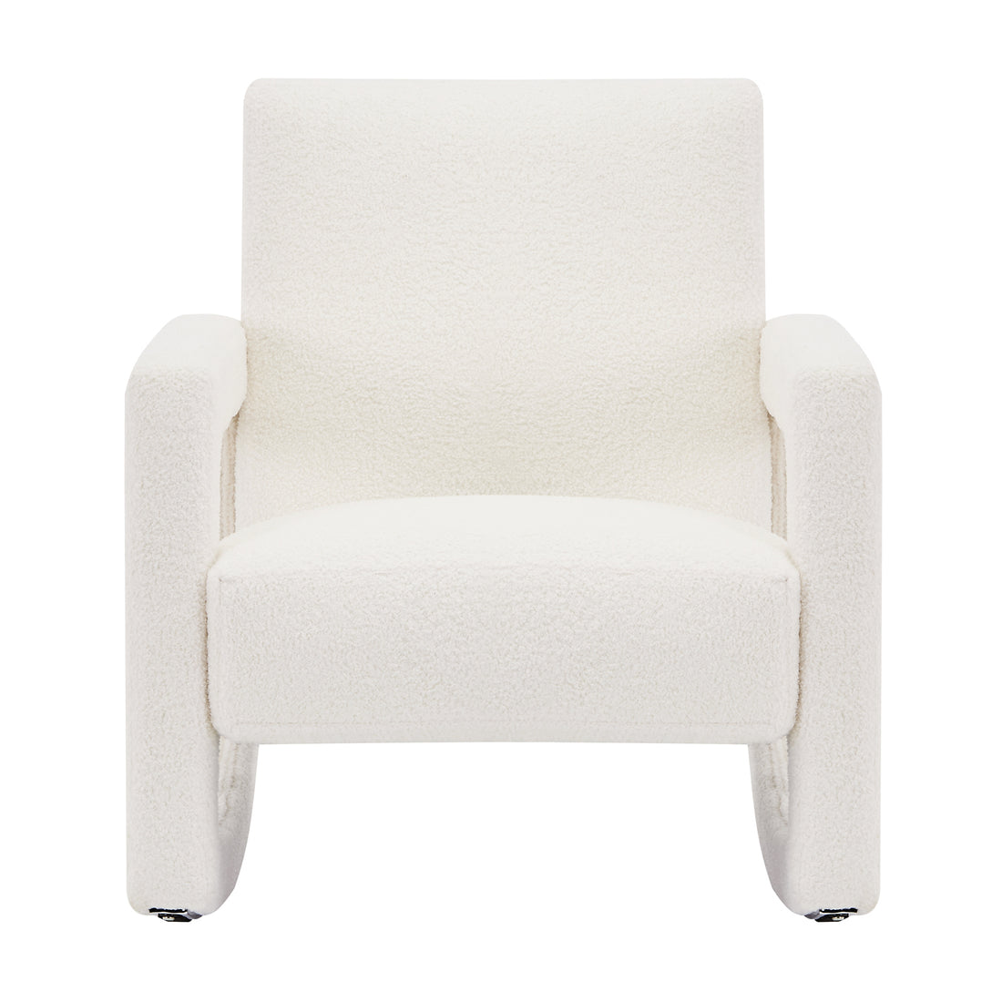 Ligeia Boucle Padded Rocking Chair in Cream White features a minimalist boxy silhouette with U-shaped arms, tall backrest, and thick seat cushion, exuding modern elegance and comfort.