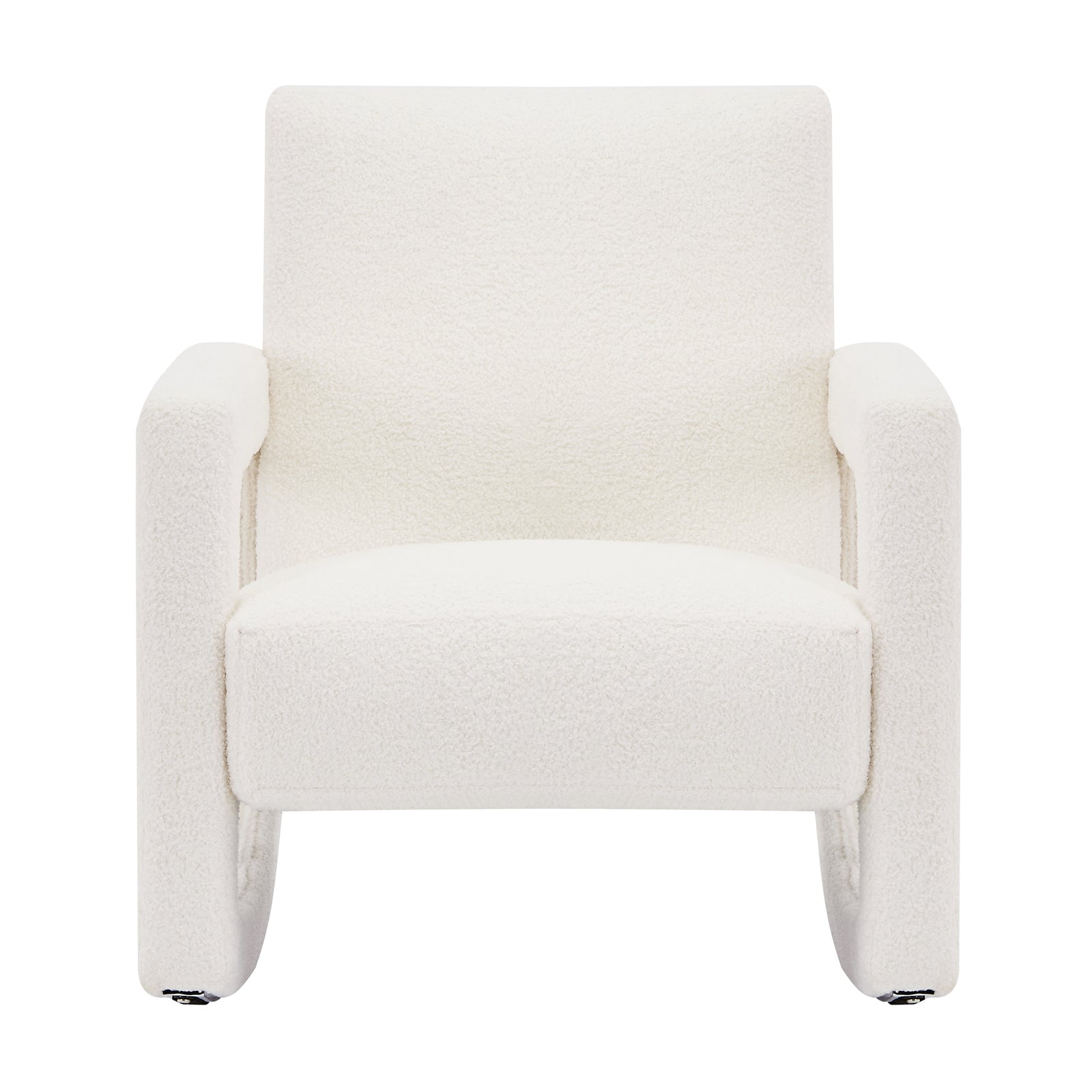 Ligeia Boucle Padded Rocking Chair in Cream White features a minimalist boxy silhouette with U-shaped arms, tall backrest, and thick seat cushion, exuding modern elegance and comfort.