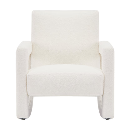 Ligeia Boucle Padded Rocking Chair in Cream White features a minimalist boxy silhouette with U-shaped arms, tall backrest, and thick seat cushion, exuding modern elegance and comfort.