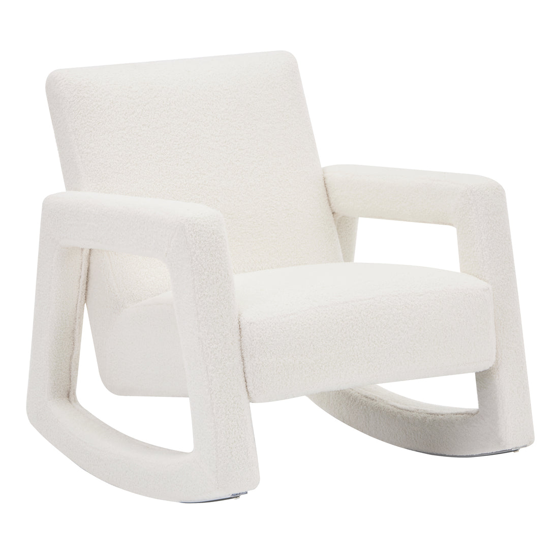 Ligeia Boucle Padded Rocking Chair in Cream White, featuring soft boucle upholstery, a broad angled backrest, integrated armrests, curved rocker rails, and a sculptural silhouette for modern elegance.