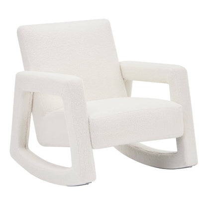 Ligeia Boucle Padded Rocking Chair in Cream White, featuring soft boucle upholstery, a broad angled backrest, integrated armrests, curved rocker rails, and a sculptural silhouette for modern elegance.