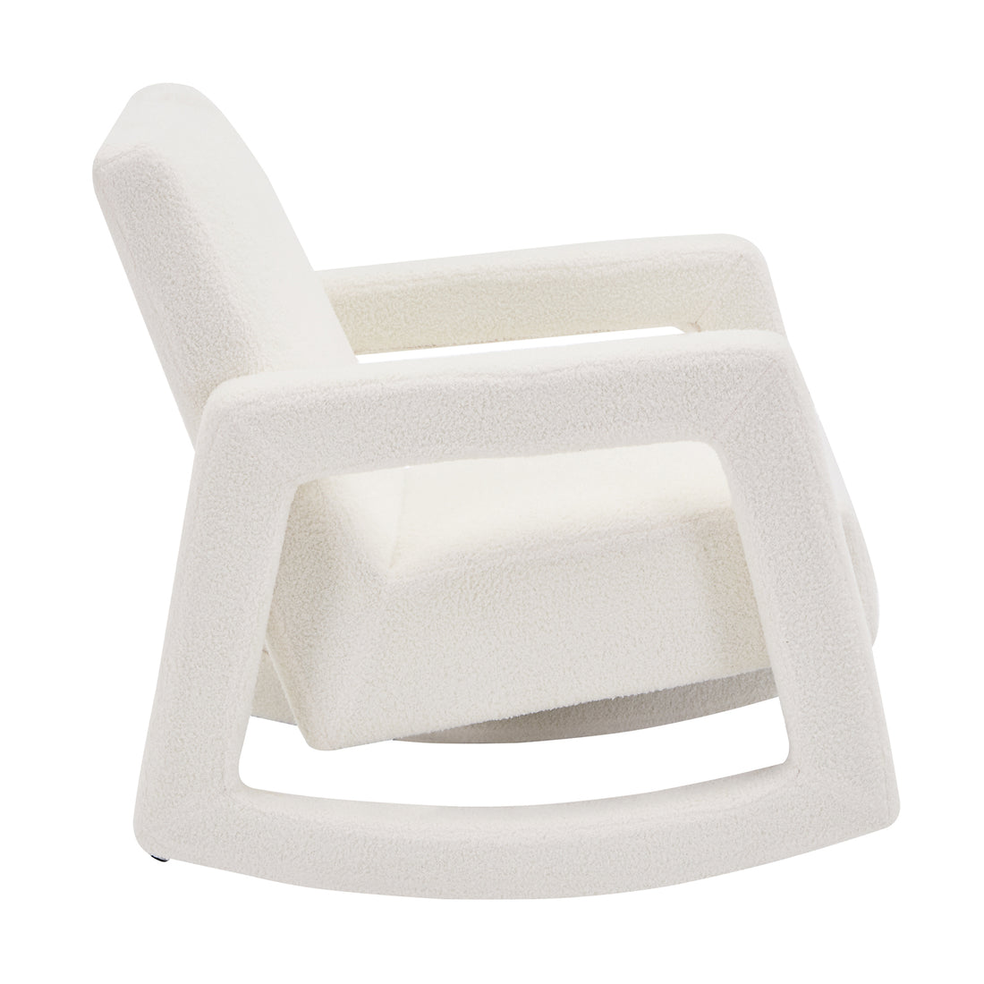 Ligeia Boucle Padded Rocking Chair in Cream White, featuring a sculpted, continuous frame with armrests and curved rockers, upholstered in textured bouclé fabric with plush cushioning for ultimate comfort.