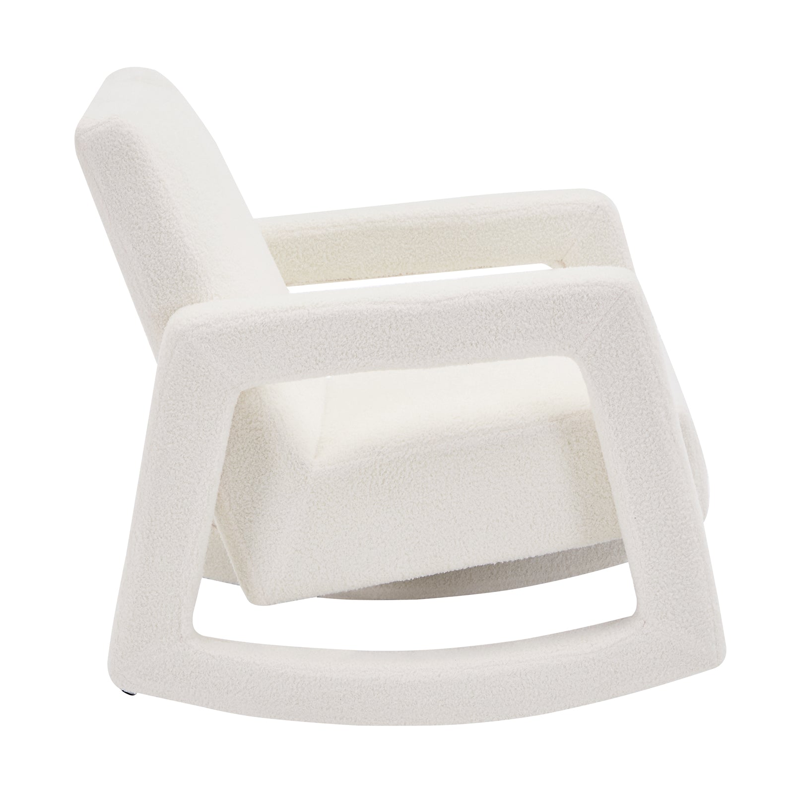 Ligeia Boucle Padded Rocking Chair in Cream White, featuring a sculpted, continuous frame with armrests and curved rockers, upholstered in textured bouclé fabric with plush cushioning for ultimate comfort.